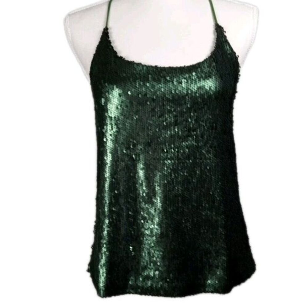 Vtg Y2K Sequin Racer Back Tank Camisole M Olive Green Mermaid Festival Disco EUC